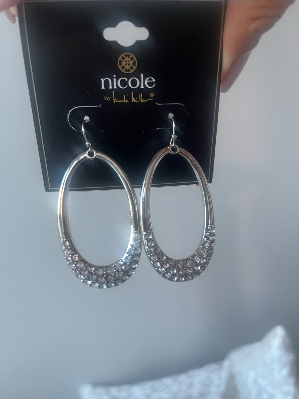 Nicole Miller Silver Oval Crystal Drop Earrings